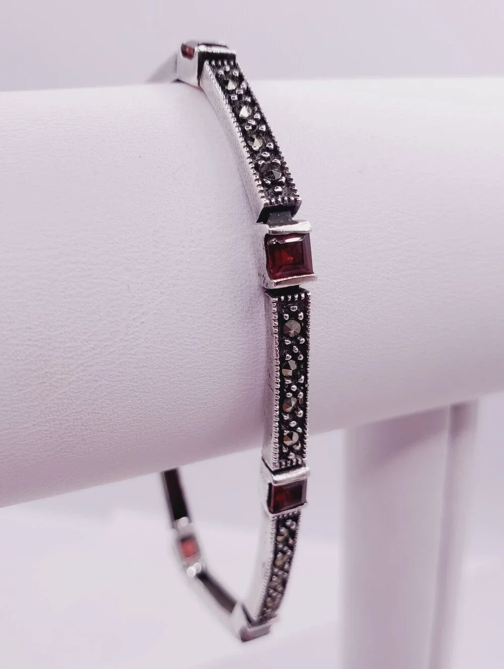 Sterling Silver Marcasite Bangle with Garnet Accents 2.75 Carat